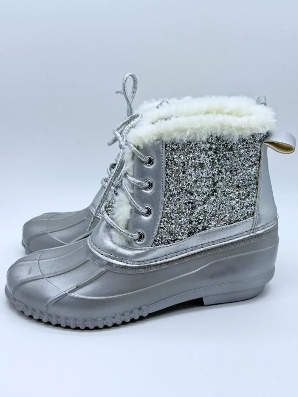 Women's Silver Glitter Duck Boots Faux Fur Coquette Y2K Snowcore Sz 8 3962